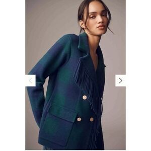 NVLT Knit Fringe Blazer Coatigan Plaid Green Navy Size M Cowgirl Ralph